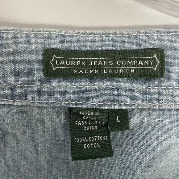 Y2K Lauren Ralph Lauren Chambray Lace Up Top Coastal Western Denim Utility Large - Picture 7 of 9